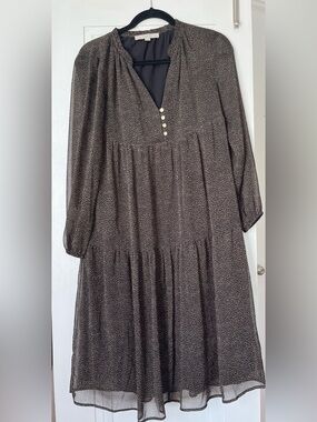 LOFT Petites Black Long Sleeve Tiered Dress with Cream Dot Print